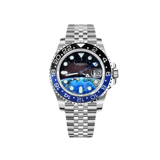 Silver Seiko watch with a blue and black bezel on a white background