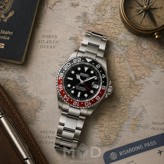 Silver watch with a black and red face on a world map with passport, pen, and compass.