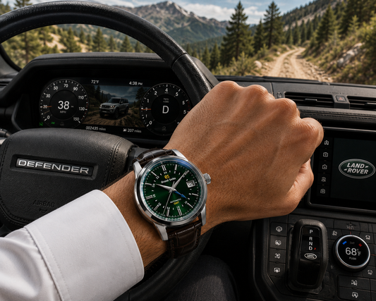 A man's hand wearing a green dial Land Rover Defender wristwatch, resting on the dashboard inside a vehicle with a mountain road background.