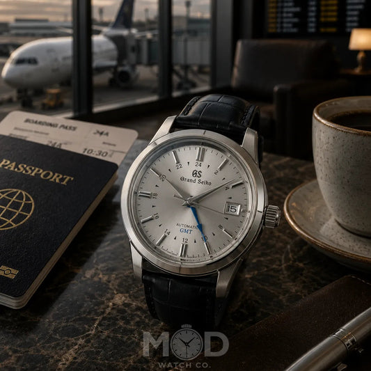 Watch on a table with a passport, coffee cup, and airplane in the background