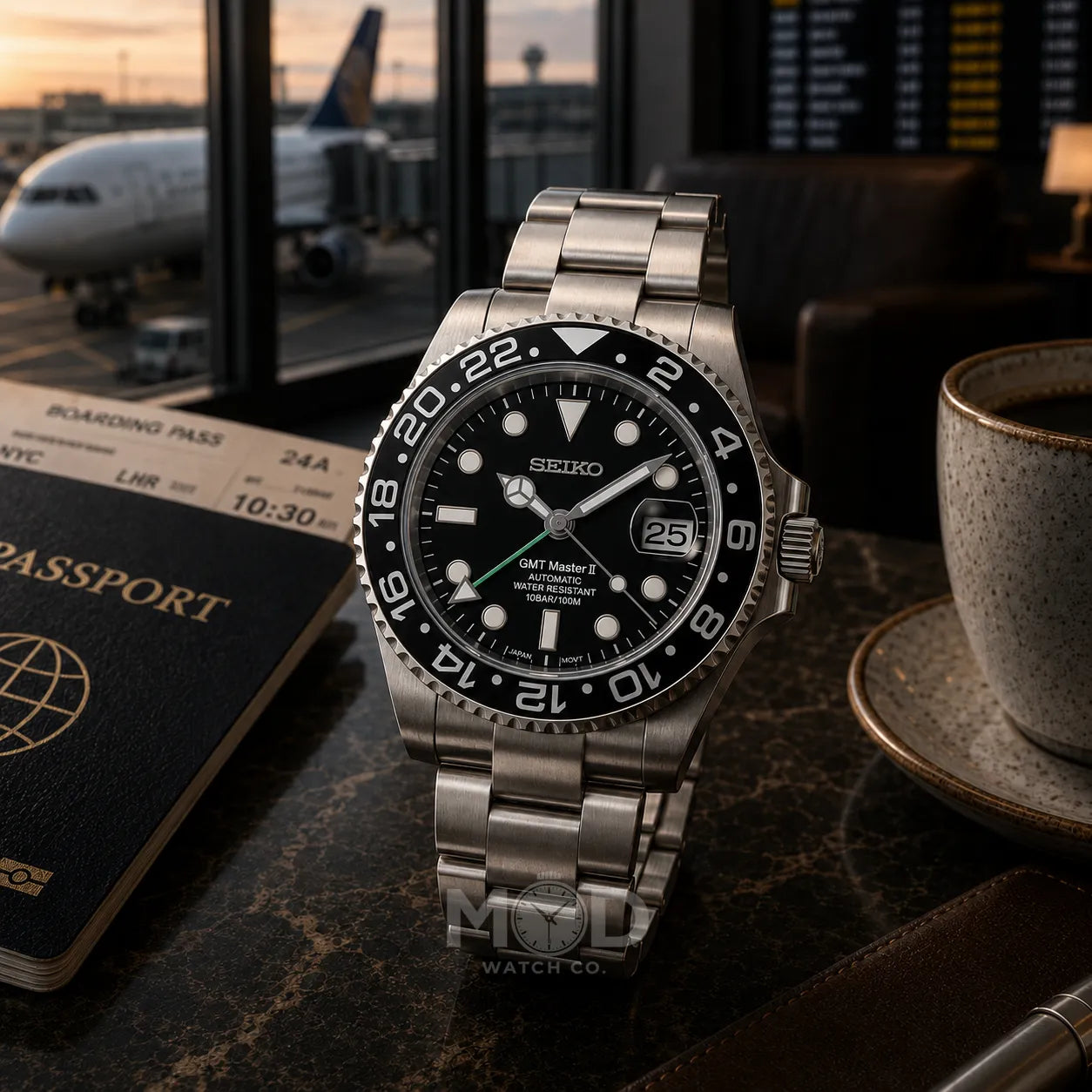 Silver Seiko watch on a table with a passport, coffee cup, and airplane in the background.