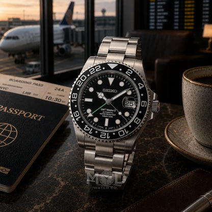 Silver Seiko watch on a table with a passport, coffee cup, and airplane in the background.