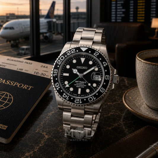 Silver Seiko watch on a table with a passport, coffee cup, and airplane in the background.