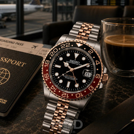 Seiko watch with rose gold and silver band on a table with a passport and coffee.