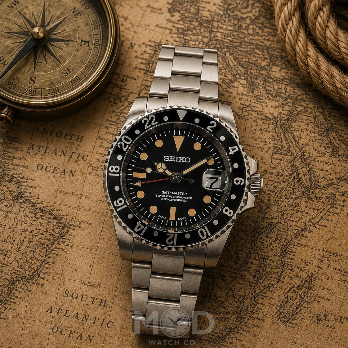 Silver Seiko watch with black dial on an old map background