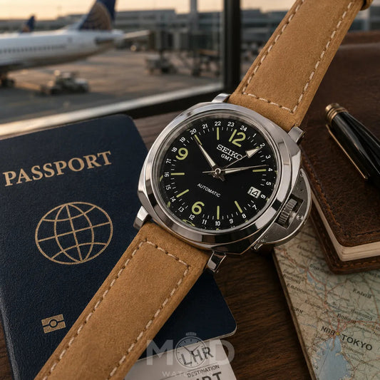 Watch with brown leather strap on a surface with passport, map, and airplane in the background