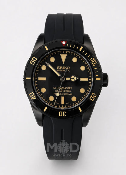 Black Seiko watch with gold accents on a white background