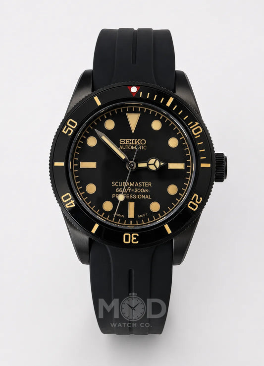 Black Seiko watch with gold accents on a white background