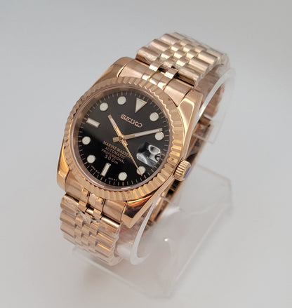 Fluted Rose Gold Case Seiko Custom Mod Watch, Black Dial - Sunshine Custom Watch