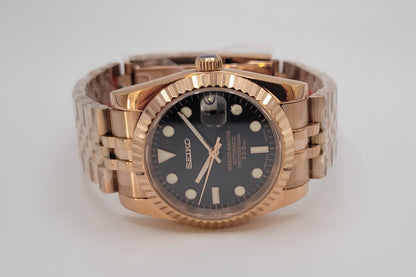 Fluted Rose Gold Case Seiko Custom Mod Watch, Black Dial - Sunshine Custom Watch