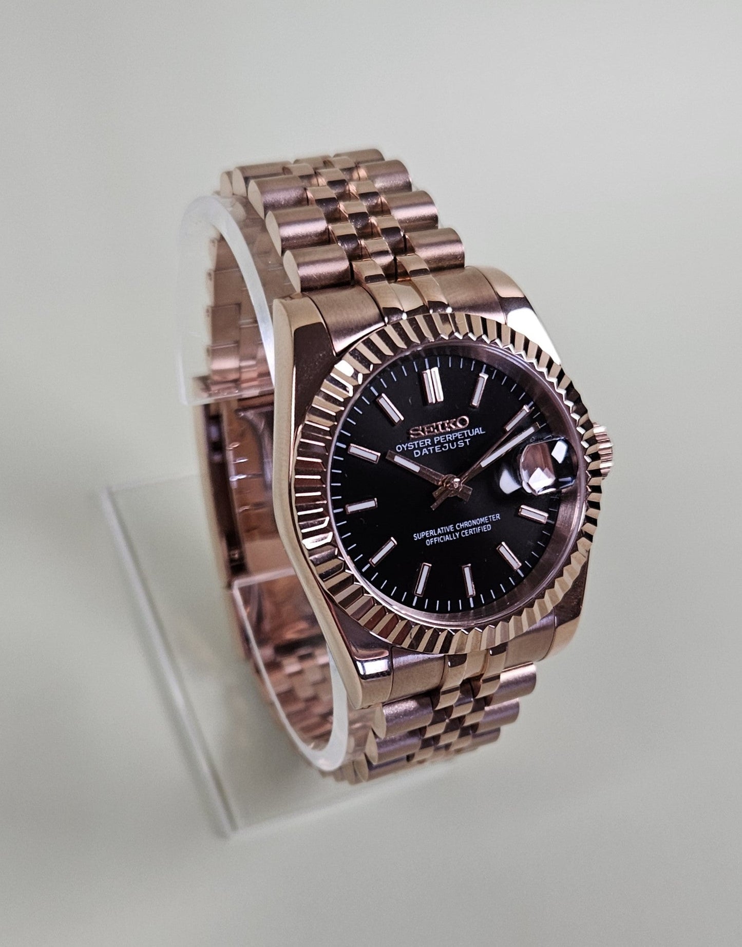 Fluted Rose Gold Case Seiko Custom Mod Watch Choice of DateJust Dial Colors - Sunshine Custom Watch