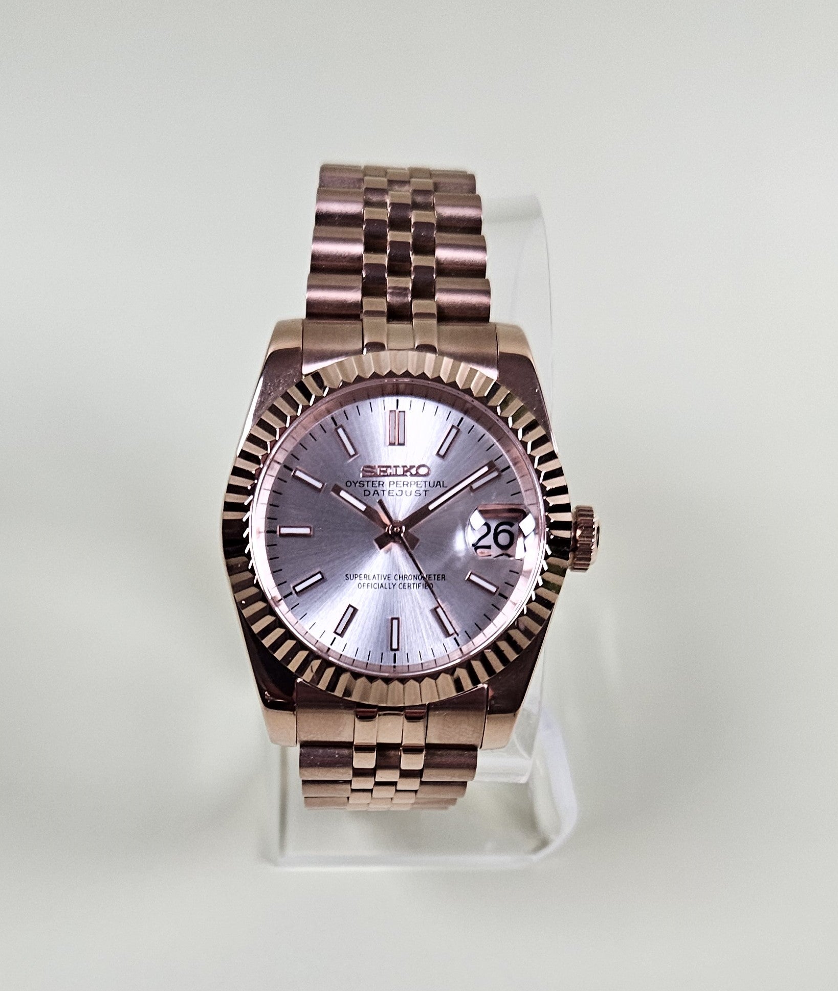 Fluted Rose Gold Case Seiko Custom Mod Watch Choice of DateJust Dial Colors - Sunshine Custom Watch