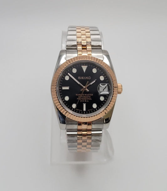 Fluted Two Tone Rose Gold Case Seiko Custom Mod Watch, Black Dial - Sunshine Custom Watch