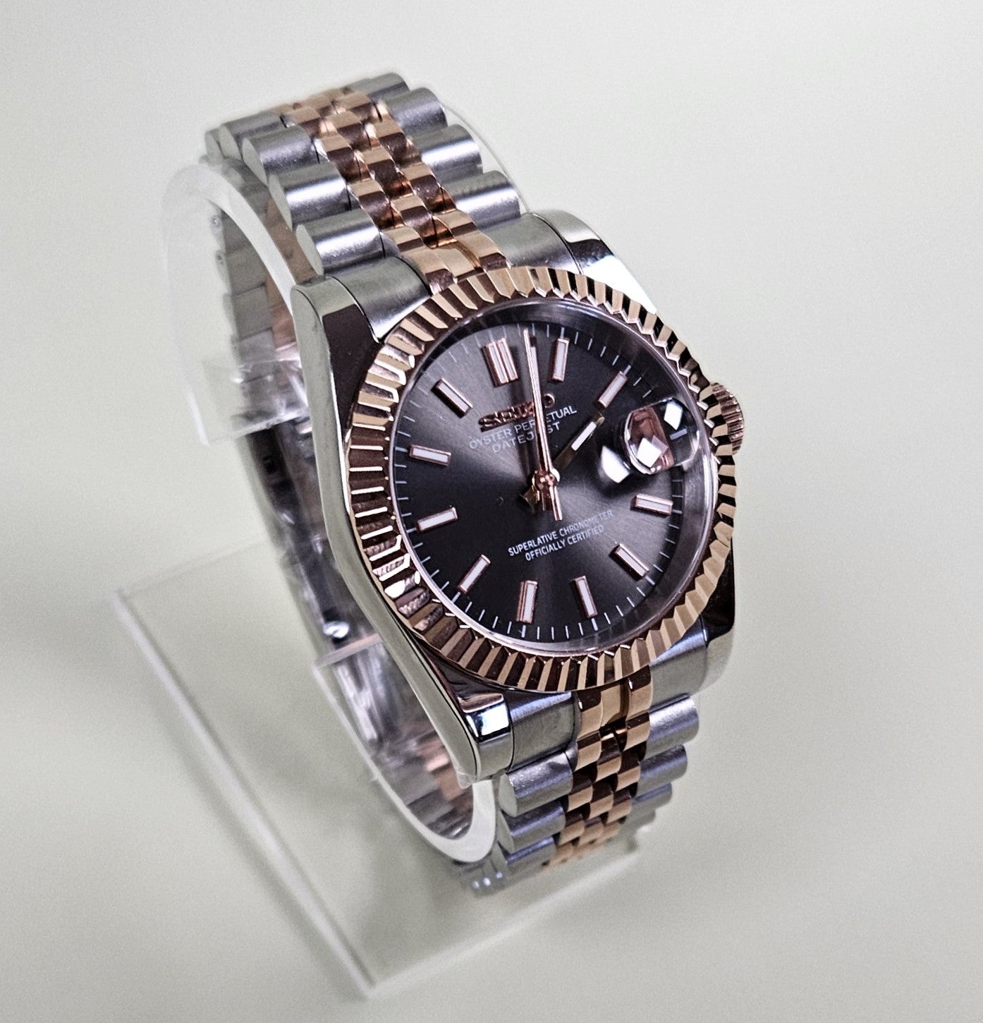 Fluted Two Tone Rose Gold Case Seiko Custom Mod Watch Choice of DateJust Dial Colors - Sunshine Custom Watch