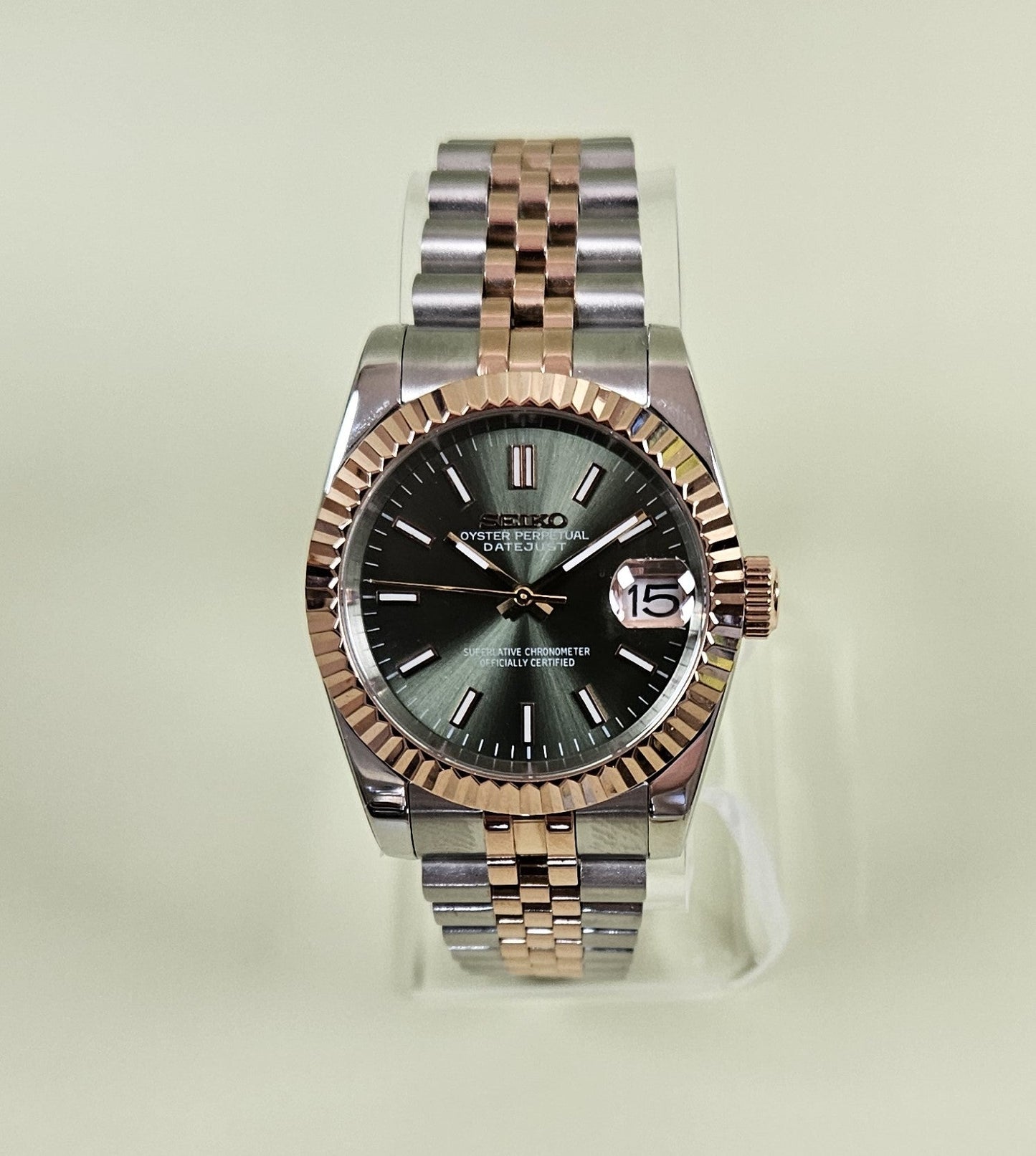 Fluted Two Tone Rose Gold Case Seiko Custom Mod Watch Choice of DateJust Dial Colors - Sunshine Custom Watch