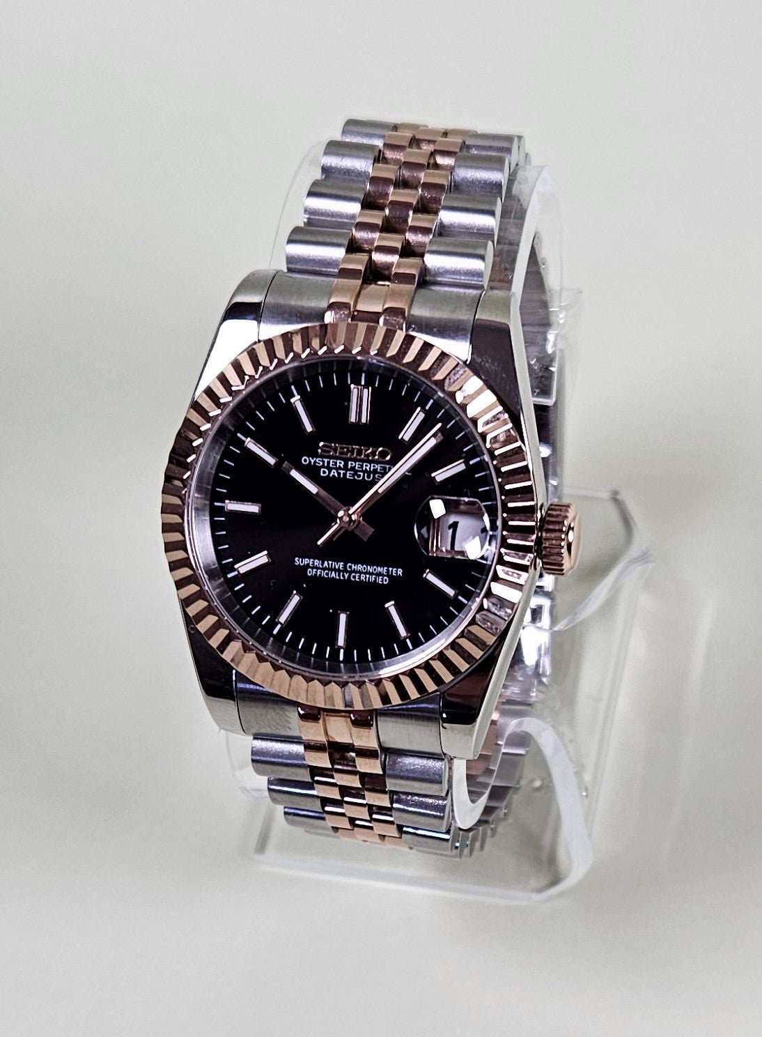 Fluted Two Tone Rose Gold Case Seiko Custom Mod Watch Choice of DateJust Dial Colors - Sunshine Custom Watch