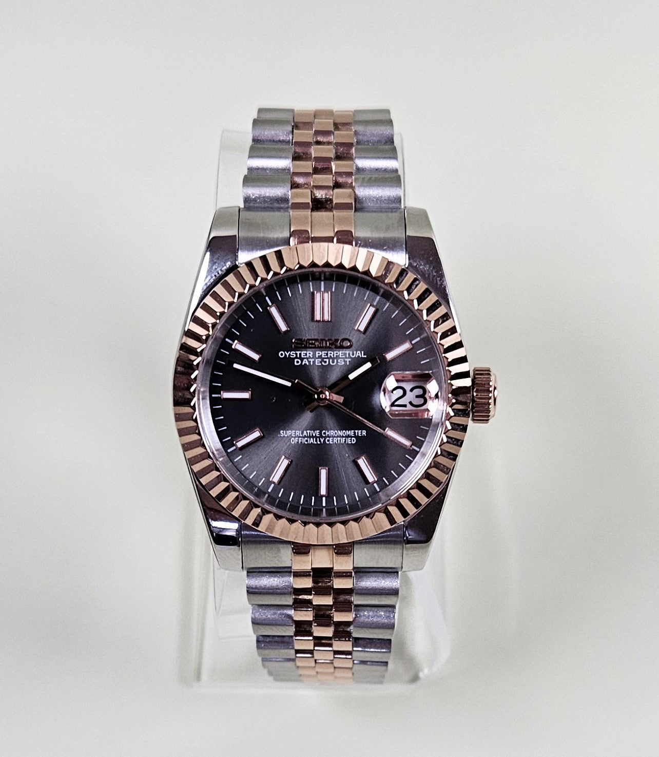 Fluted Two Tone Rose Gold Case Seiko Custom Mod Watch Choice of DateJust Dial Colors - Sunshine Custom Watch