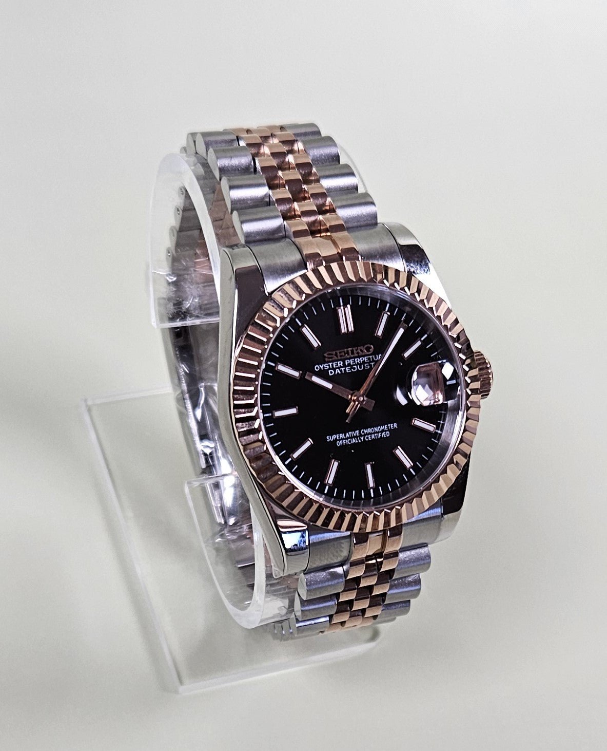 Fluted Two Tone Rose Gold Case Seiko Custom Mod Watch Choice of DateJust Dial Colors - Sunshine Custom Watch