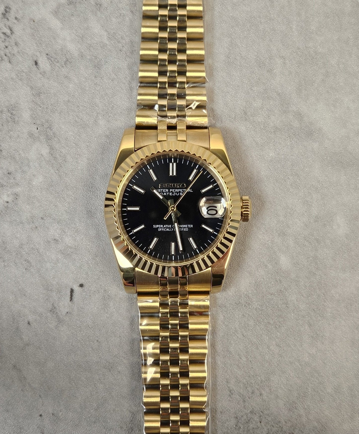 Gold Fluted Case Seiko Custom Mod Watch, Choice of Dial Colors, DateJust Dial - Sunshine Custom Watch