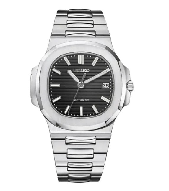 Silver Seiko watch with black dial on a white background