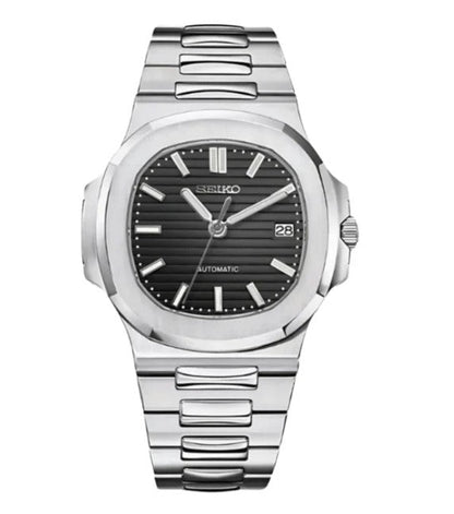 Silver Seiko watch with black dial on a white background