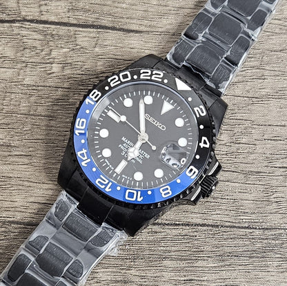 Seiko Custom Mod Watch Black Case, Blue/Black Ceramic Bezel, Sapphire - powered by NH35 Automatic - Sunshine Custom Watch