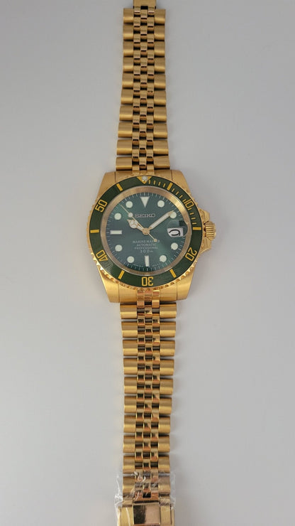 Seiko Custom Mod Watch Build - Gold with Green Dial and matching Ceramic Bezel Seiko NH35 Automatic  Sunshine Custom Watch