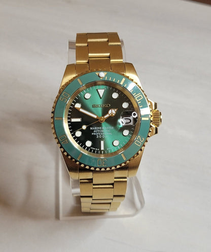 Seiko Custom Mod Watch Build - Gold with Green Dial and matching Ceramic Bezel Seiko NH35 Automatic  Sunshine Custom Watch