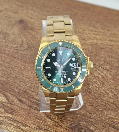 Seiko Custom Mod Watch Build - Gold with Green Dial and matching Ceramic Bezel Seiko NH35 Automatic  Sunshine Custom Watch