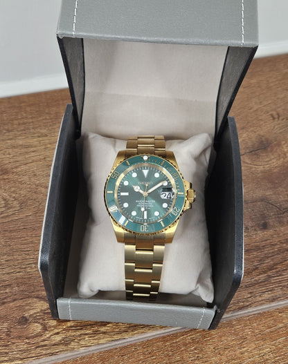 Seiko Custom Mod Watch Build - Gold with Green Dial and matching Ceramic Bezel Seiko NH35 Automatic  Sunshine Custom Watch