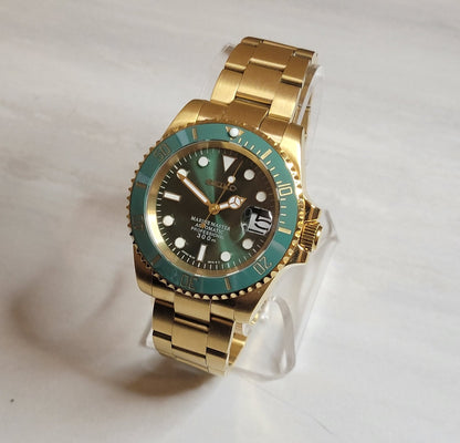 Seiko Custom Mod Watch Build - Gold with Green Dial and matching Ceramic Bezel Seiko NH35 Automatic  Sunshine Custom Watch