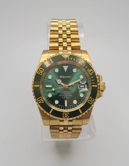 Seiko Custom Mod Watch Build - Gold with Green Dial and matching Ceramic Bezel Seiko NH35 Automatic  Sunshine Custom Watch