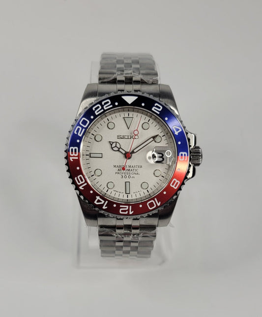 Seiko Custom Mod Watch Build - White Dial with Blue/Red Ceramic Bezel powered by NH35 Automatic - Sunshine Custom Watch