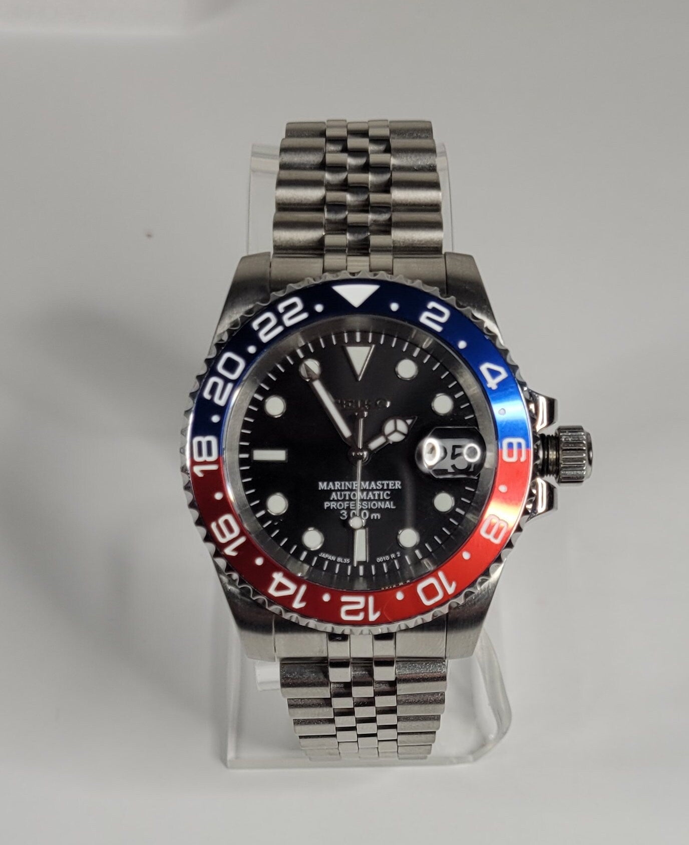 Seiko Custom Mod Watch, "Pepsi" Blue/Red Ceramic Bezel, Sapphire w/Cyclops- NH35A - Sunshine Custom Watch