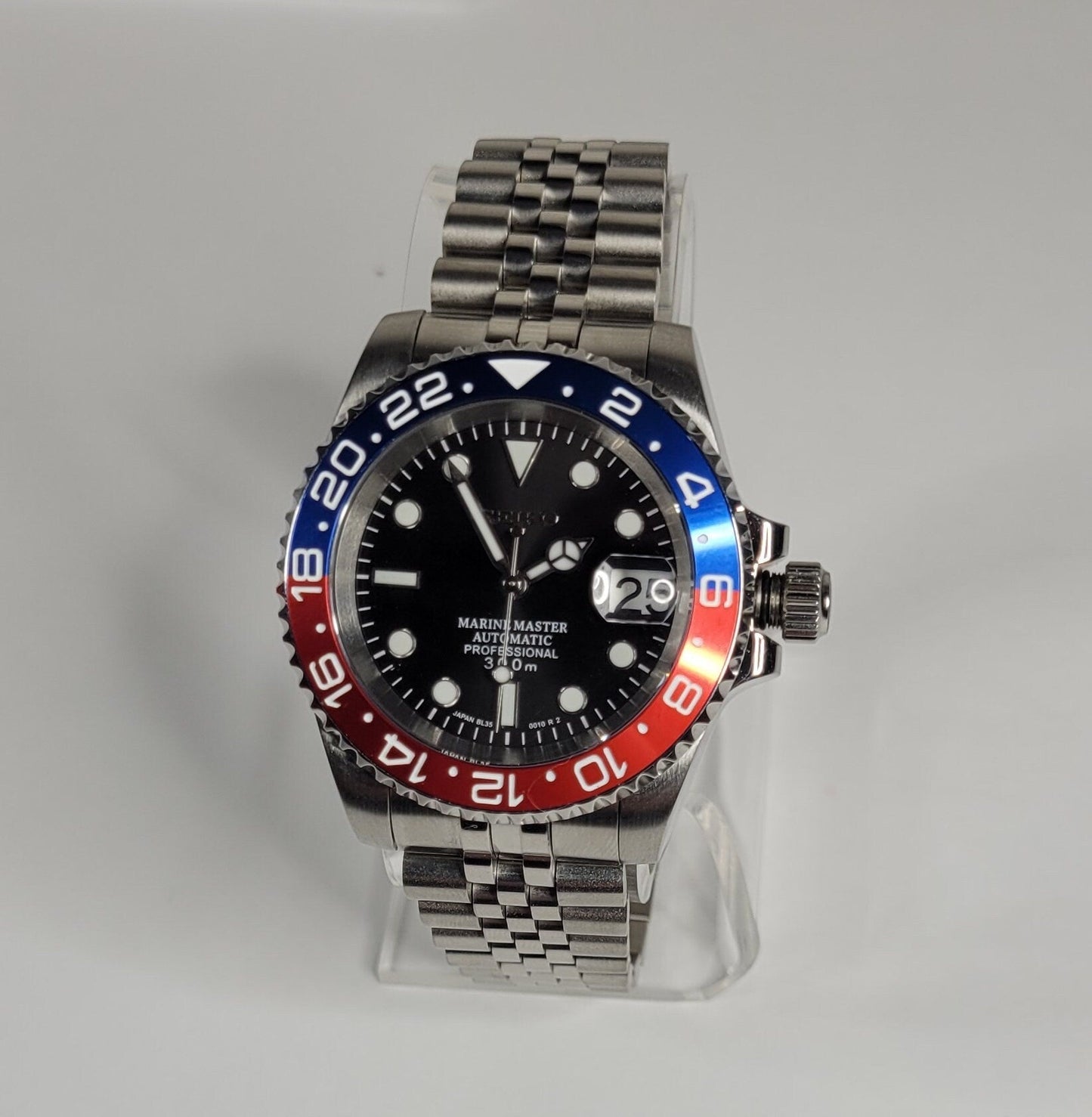 Seiko Custom Mod Watch, "Pepsi" Blue/Red Ceramic Bezel, Sapphire w/Cyclops- NH35A - Sunshine Custom Watch