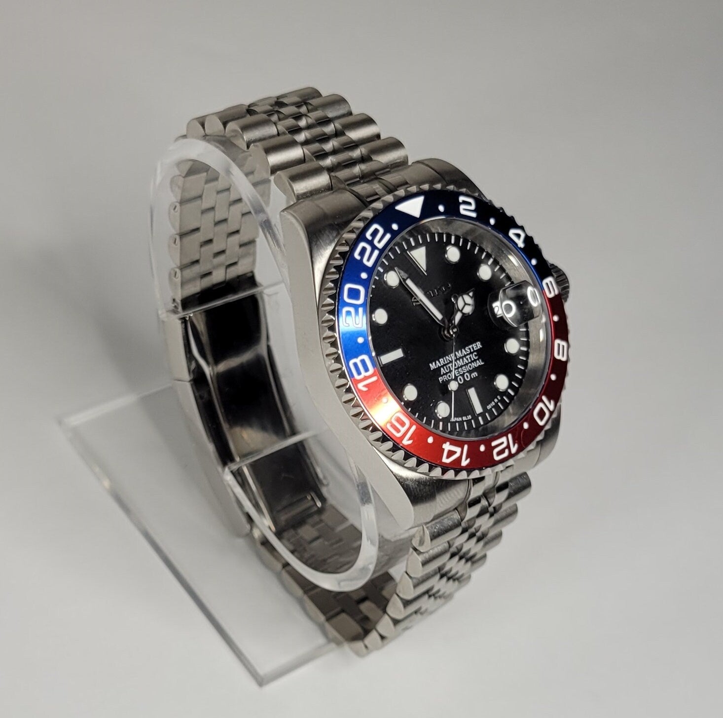 Seiko Custom Mod Watch, "Pepsi" Blue/Red Ceramic Bezel, Sapphire w/Cyclops- NH35A - Sunshine Custom Watch