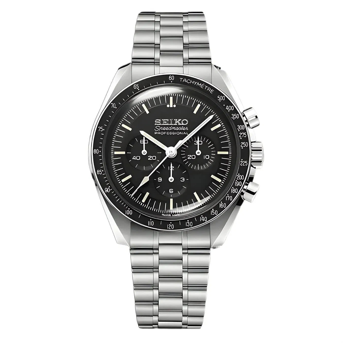 Silver watch with a black face on a white background