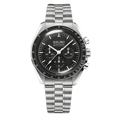 Silver watch with a black face on a white background