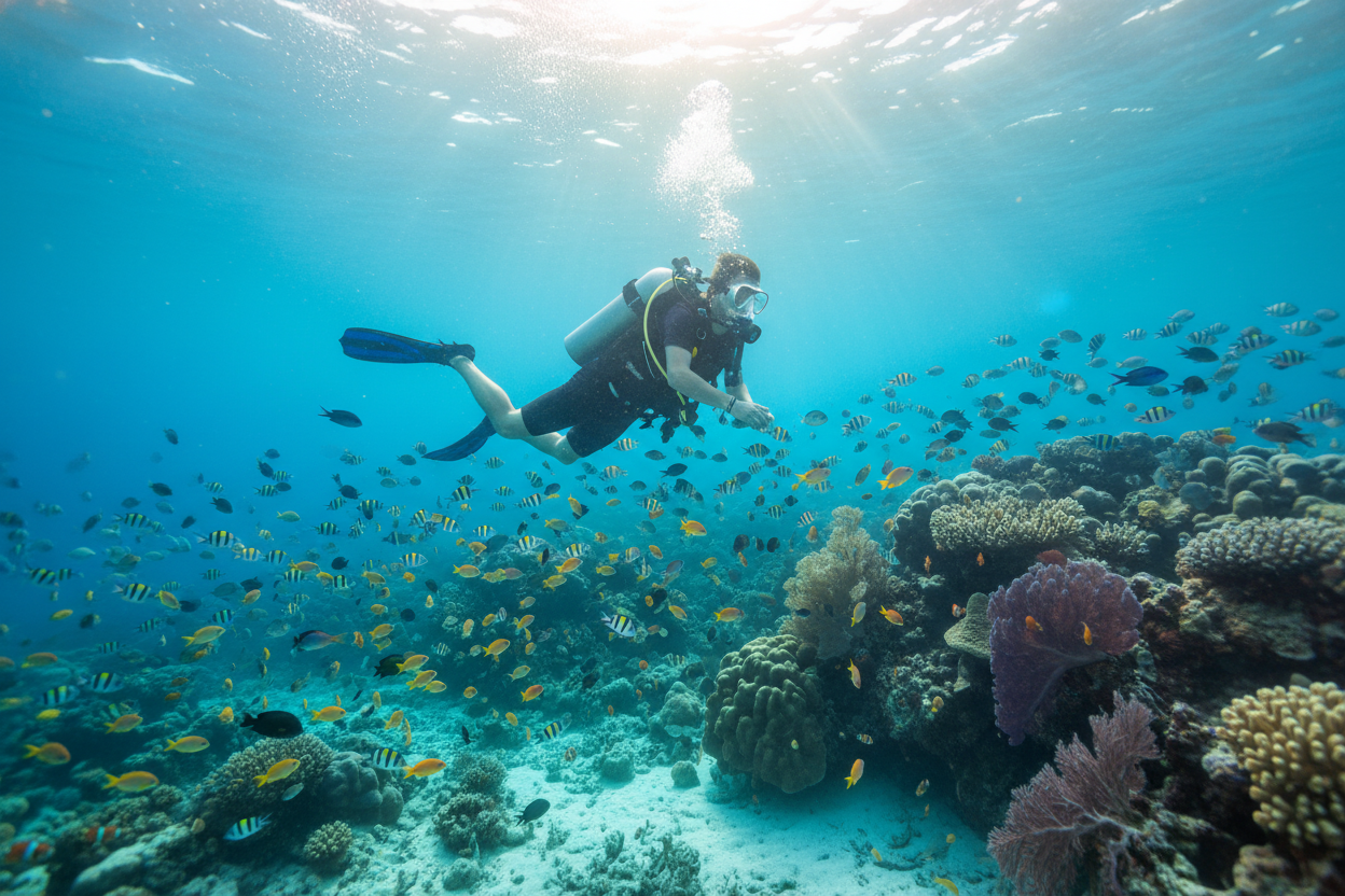 underwater scuber diver with fish