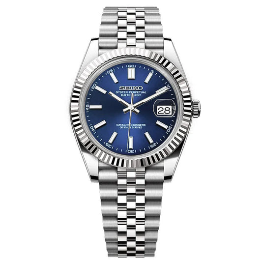 Silver watch with a blue face on a white background