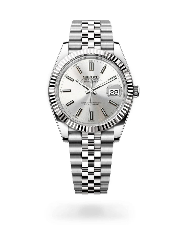 Silver watch with a white face on a white background