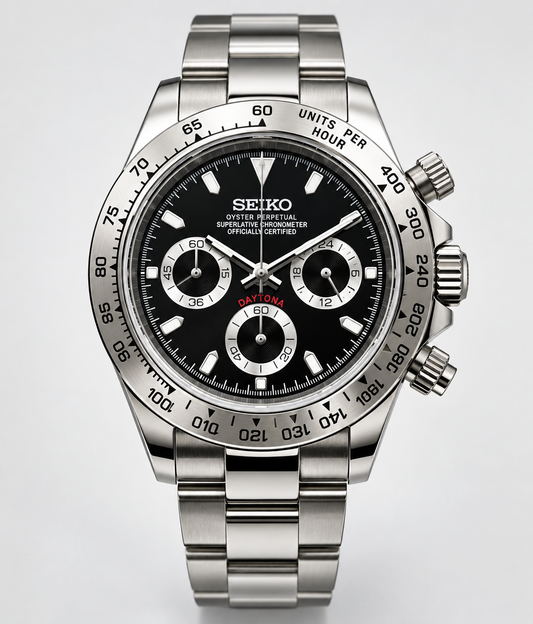 A Seiko stainless steel Daytona watch with a black dial, silver-tone metal bracelet, and a black tachymeter bezel, shown against a light gray background.