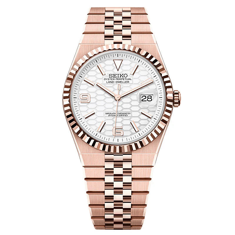 Luxury watch with rose gold strap and white dial on a white background