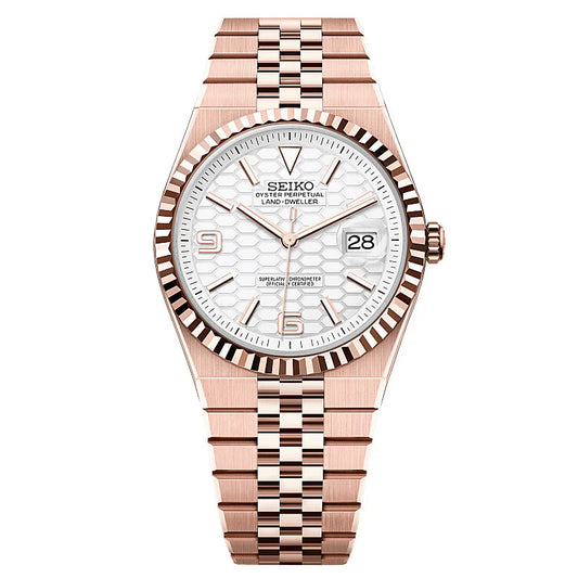 Luxury watch with rose gold strap and white dial on a white background