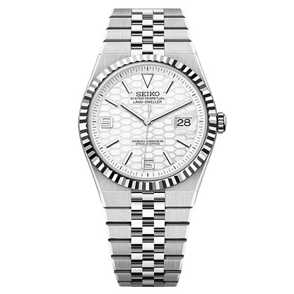 Silver watch with a detailed face on a white background
