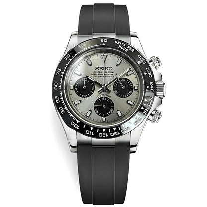 Wristwatch with black strap and silver case on a white background
