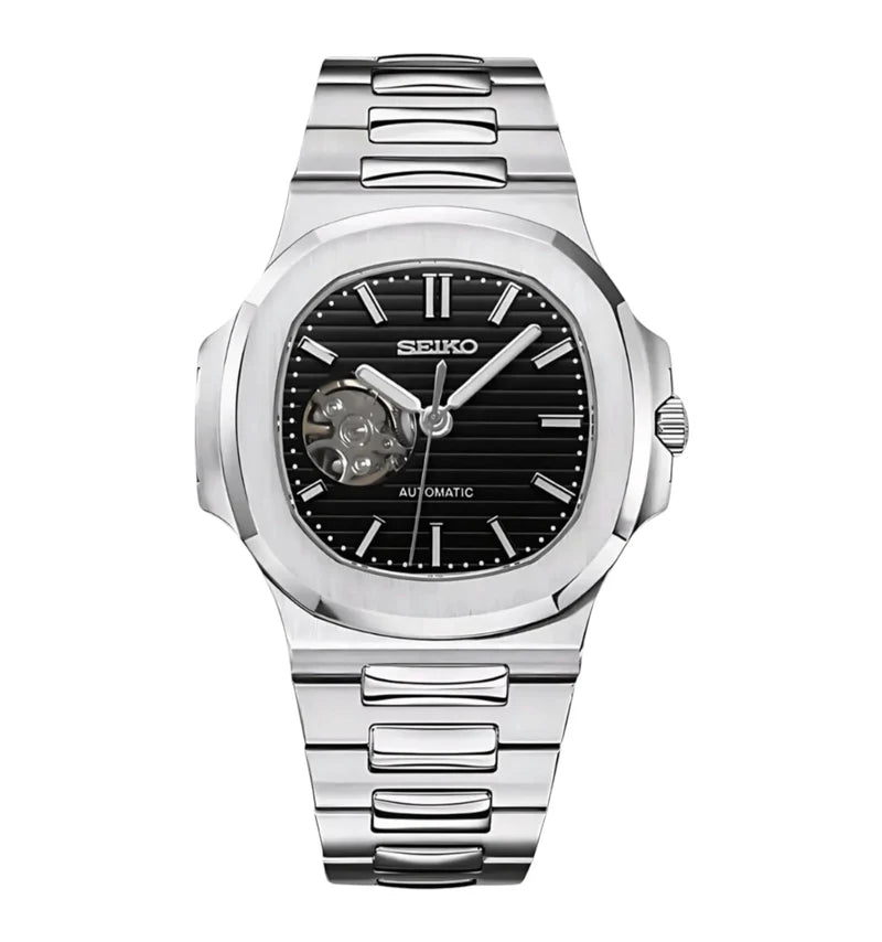 Silver Seiko watch with black face on a white background