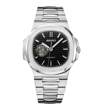 Silver Seiko watch with black face on a white background