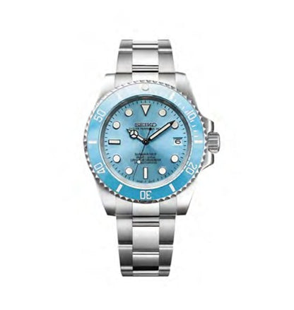 Watch with blue face and silver case on white background
